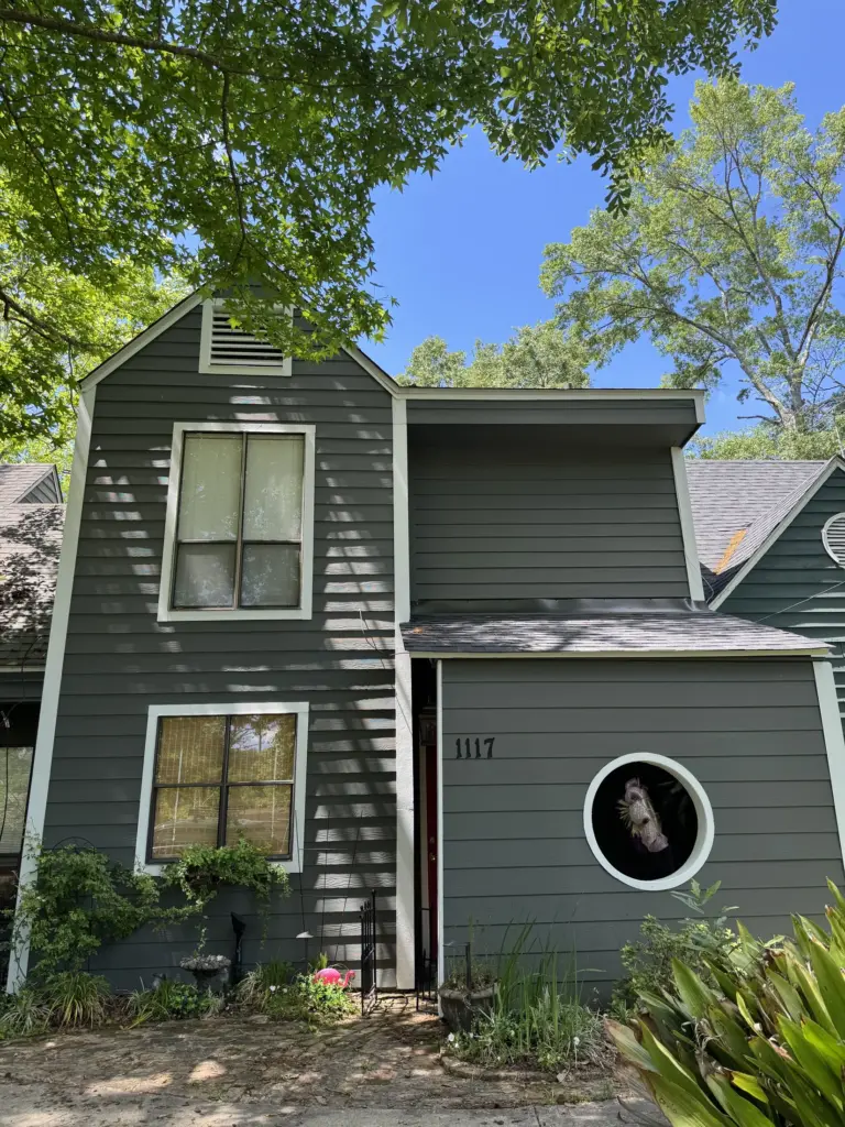 Detailed view of exterior wood siding painting