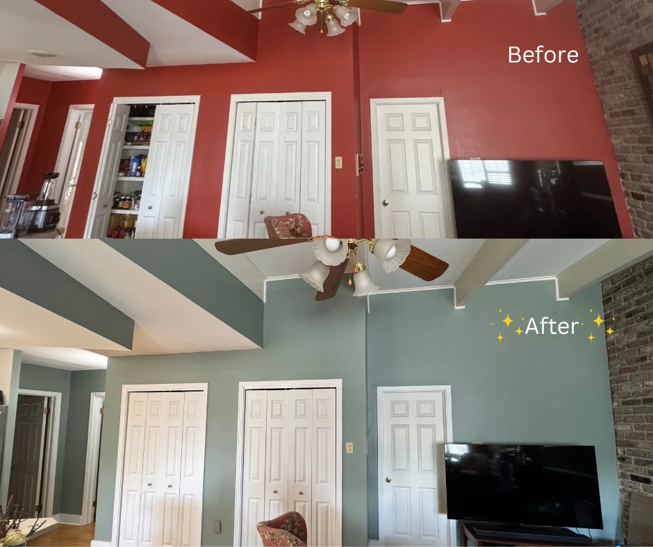 Before and after interior transformation — red to sage