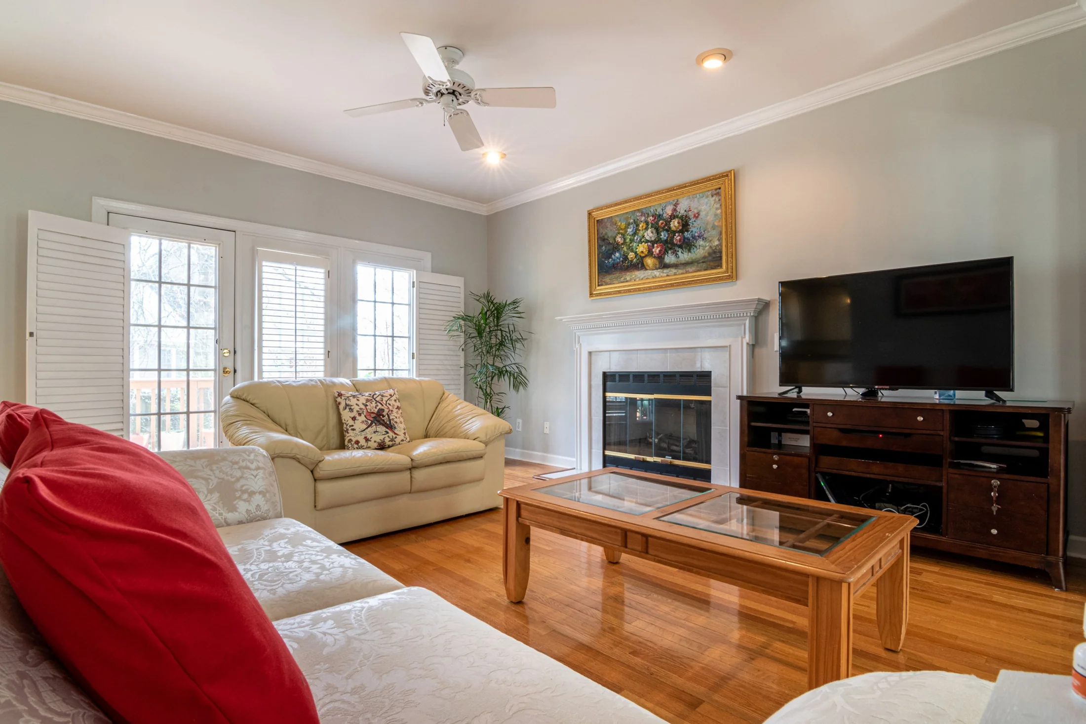 Bright interior with fireplace and classic trim