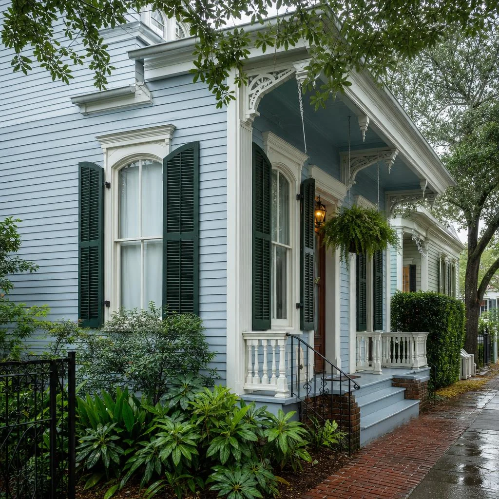 Well-maintained painted exterior of a historic New Orleans home after rain